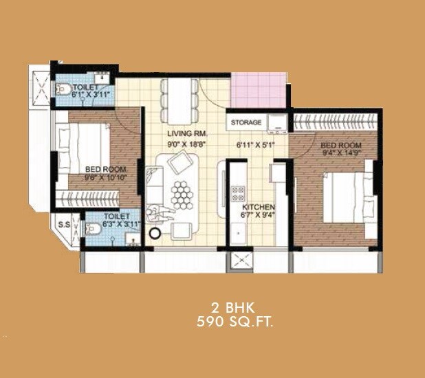 Floor plan of 2 BHK Apartment - 590 sq. ft. in Anon Avenue, Mumbai