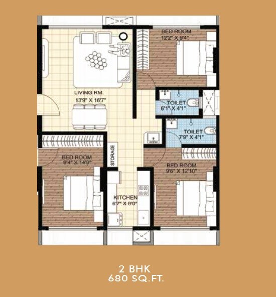 Floor plan of 2 BHK Apartment - 680 sq. ft. in Anon Avenue, Mumbai