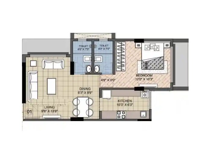 Floor plan of 1 BHK 470 Sq. Ft. Apartment in Anon Mulund Giriraj CHS, Mumbai