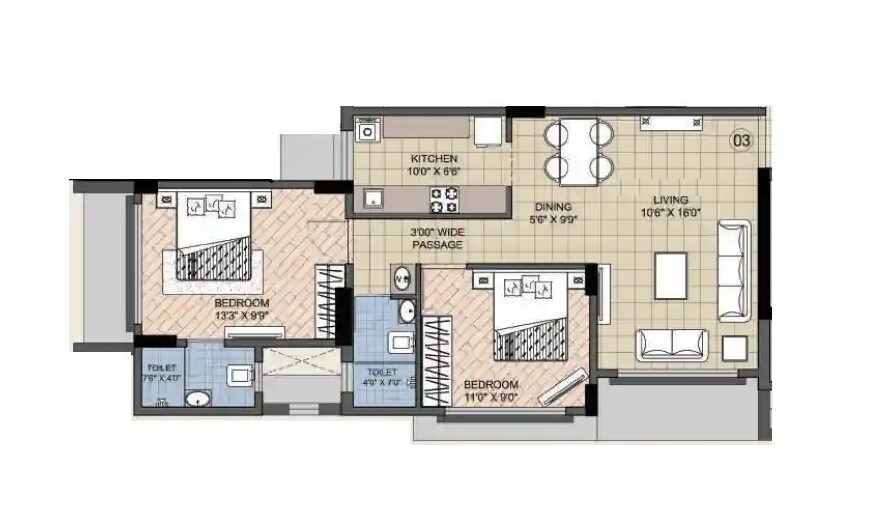 Floor plan of 2 BHK 650 Sq. Ft. Apartment in Anon Mulund Giriraj CHS, Mumbai