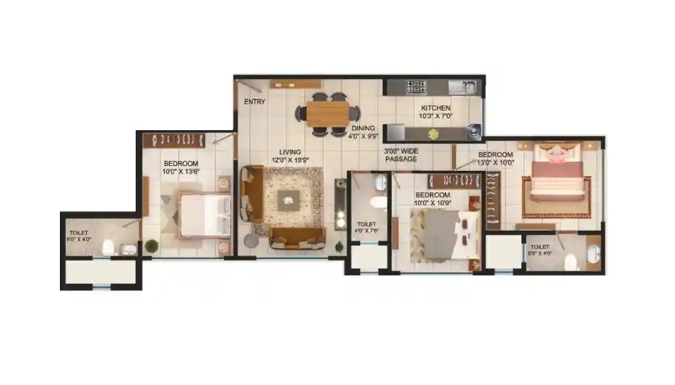 Floor plan of 3 BHK 875 Sq. Ft. Apartment in Anon Mulund Giriraj CHS, Mumbai