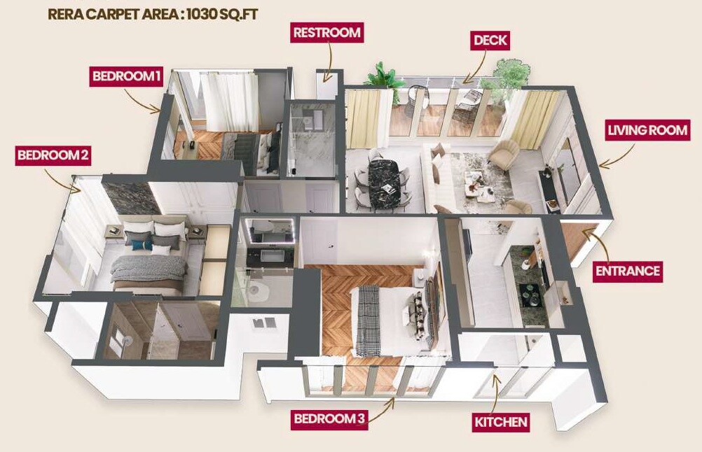 Floor plan of 3 BHK 1030 Sq. Ft. Apartment in Anon Shri Mulund Jalaram CHS, Mumbai