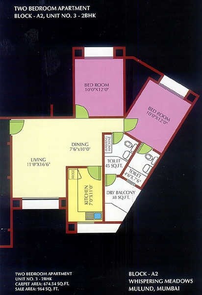 Floor plan of 2 BHK 964 Sq. Ft. Apartment in Ansal Whispering Meadows, Mumbai