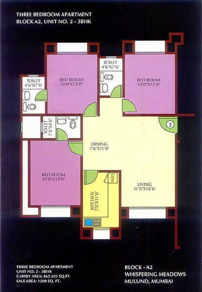 Floor plan of 3 BHK 1208 Sq. Ft. Apartment in Ansal Whispering Meadows, Mumbai