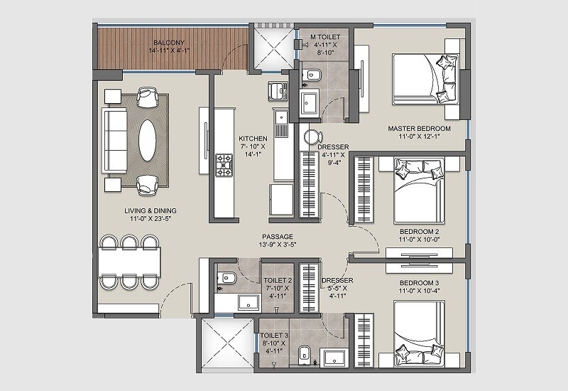 3 BHK 1100 Sq. Ft. Apartment