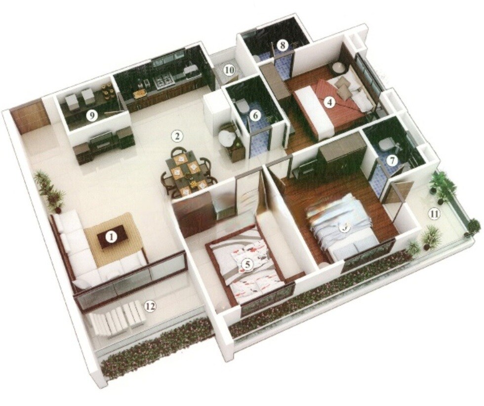 Floor plan of 3 BHK 821 Sq. Ft. Apartment in Anupam Heights, Mumbai