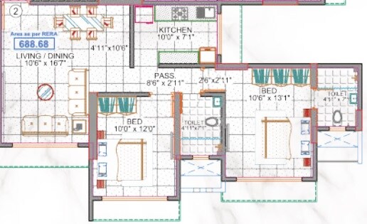 Floor plan of 2 BHK 688 Sq. Ft. Apartment in Anurag Mansion CHS, Mumbai