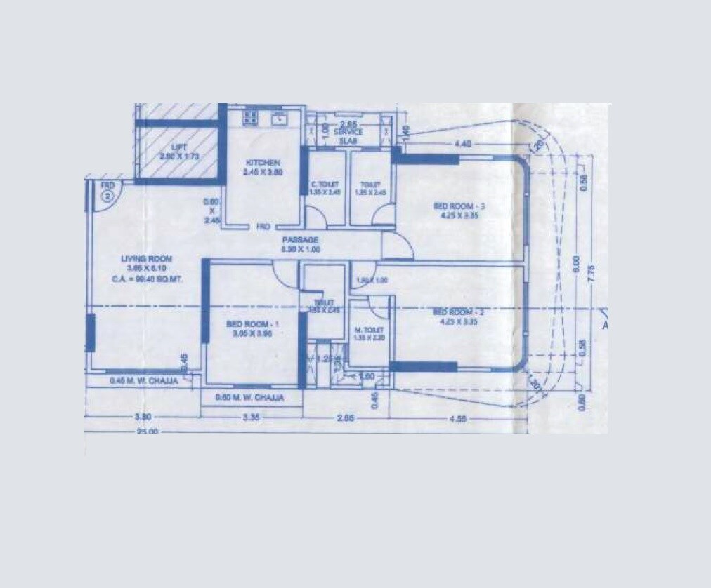 Floor plan of 3 BHK 1070 Sq. Ft. Apartment in Anuwrita Sharda Pristine, Mumbai