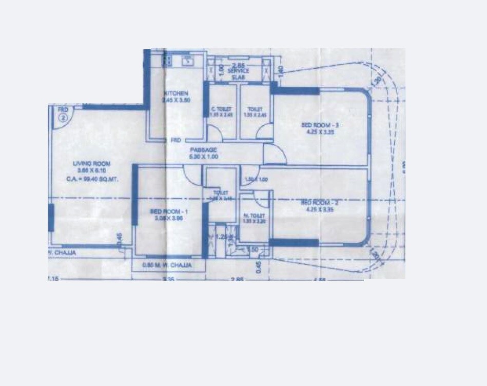 Floor plan of 3 BHK 1086 Sq. Ft. Apartment in Anuwrita Sharda Pristine, Mumbai