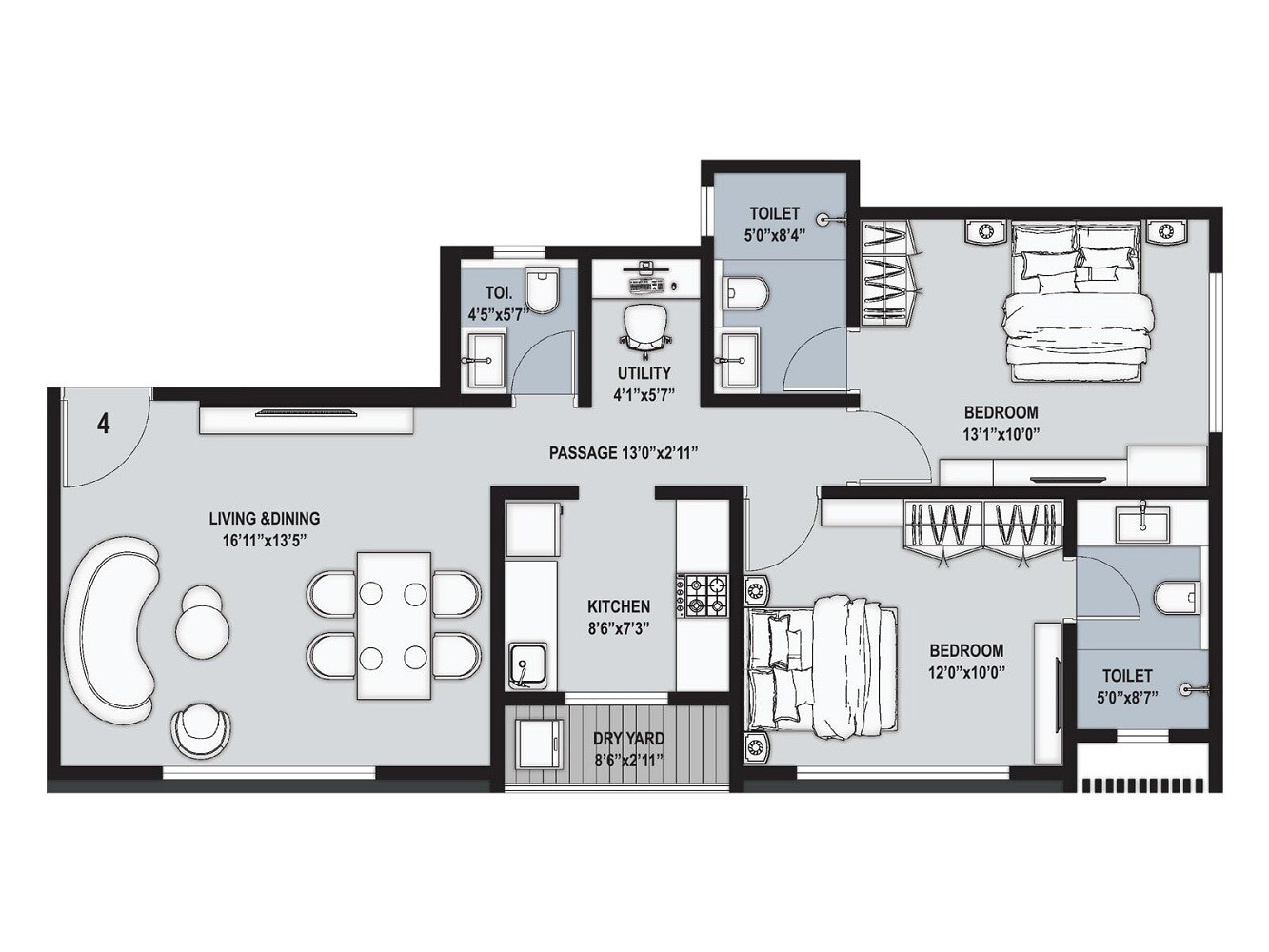 Floor plan of 2 BHK 777 Sq. Ft. Apartment in AOS Genesis, Mumbai