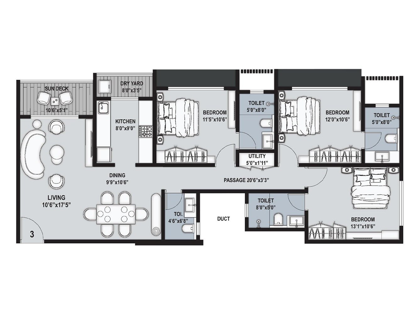 Floor plan of 3 BHK 1111 Sq. Ft. Apartment in AOS Genesis, Mumbai