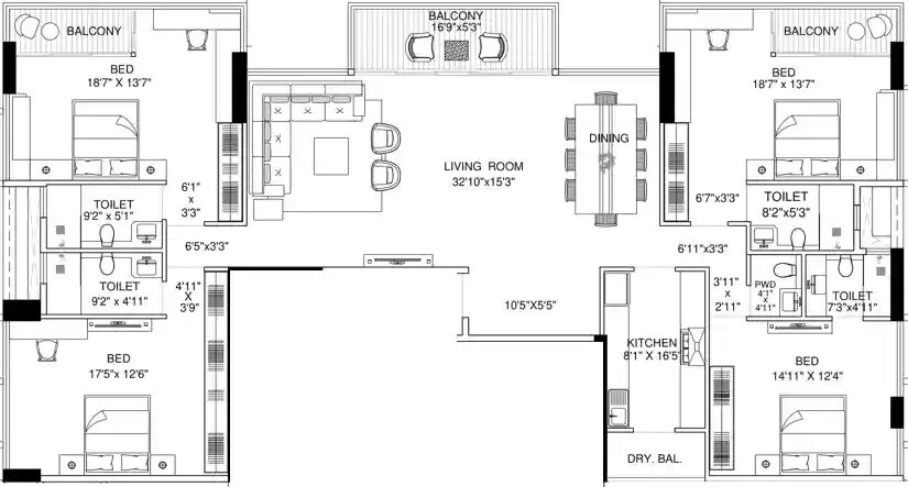 Floor plan of 4 BHK 2034 Sq. Ft. Apartment in AP Cosmos, Mumbai