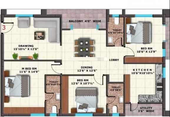 Floor plan of 3 BHK 928 Sq. Ft. Apartment in AP Florence, Mumbai