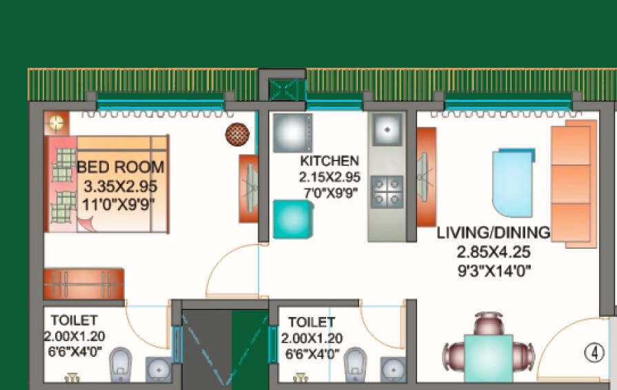 Floor plan of 1 BHK 376 Sq. Ft. Apartment in Apex Green Wood, Mumbai