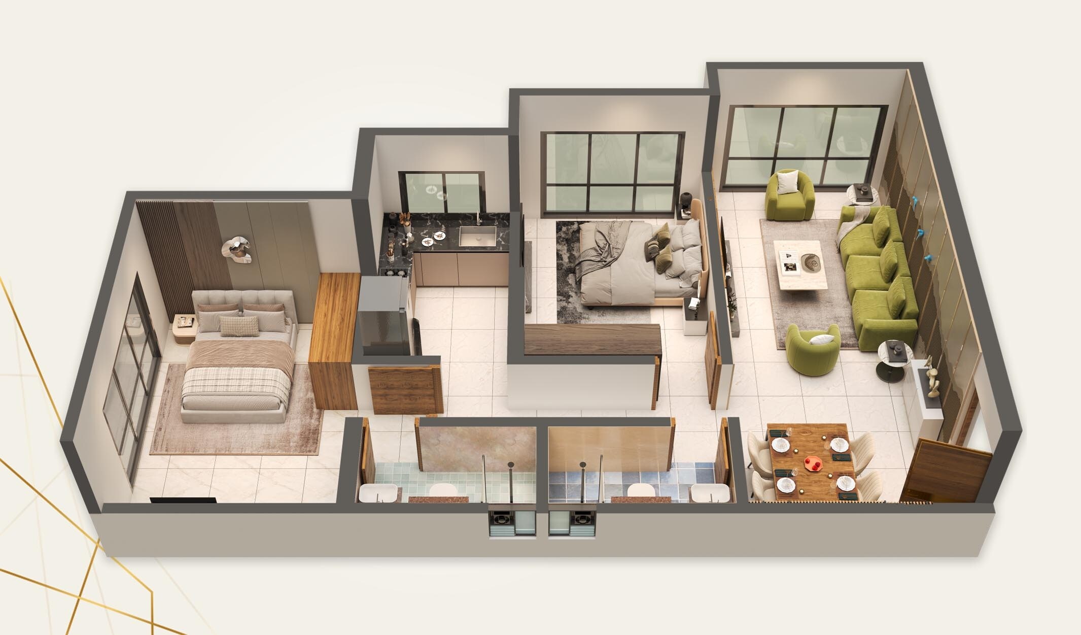 Floor plan of 2 BHK 644 Sq. Ft. Apartment in Apples Heera Residency, Mumbai