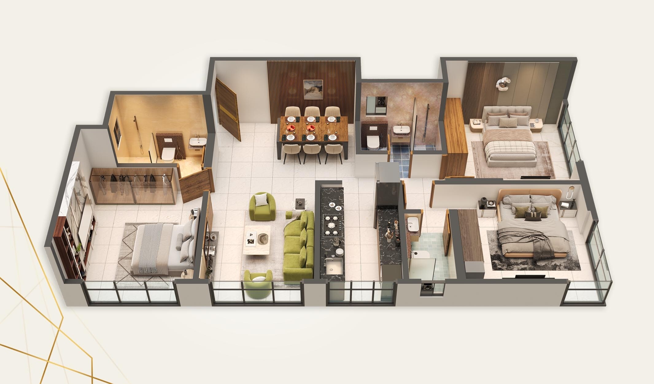 Floor plan of 3 BHK 890 Sq. Ft. Apartment in Apples Heera Residency, Mumbai