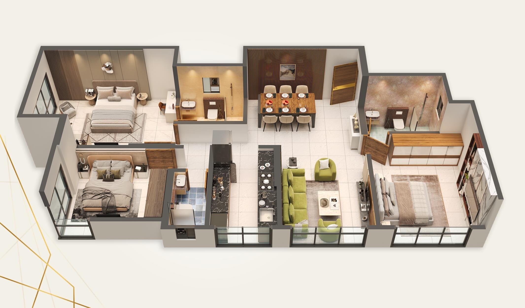 Floor plan of 3 BHK 902 Sq. Ft. Apartment in Apples Heera Residency, Mumbai