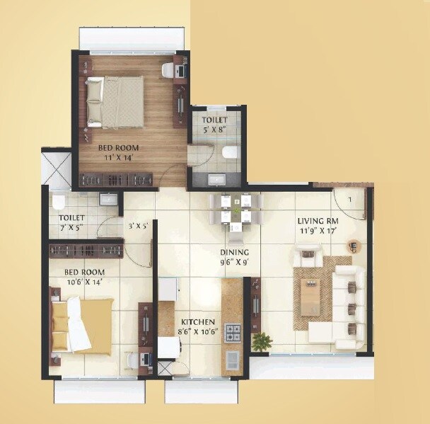 2 BHK 803 Sq. Ft. Apartment