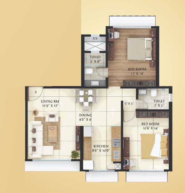 2 BHK 813 Sq. Ft. Apartment