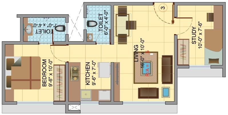Floor plan of 1 BHK 385 Sq. Ft. Apartment in ARA Swaminarayan Dham, Mumbai
