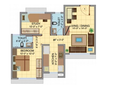 Floor plan of 1 BHK 424 Sq. Ft. Apartment in ARA Swaminarayan Dham, Mumbai