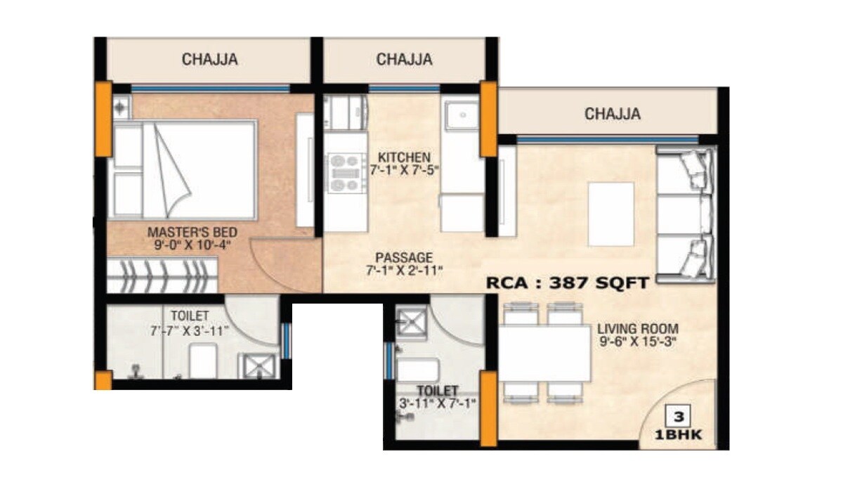 Floor plan of 1 BHK 387 Sq. Ft. Apartment in Ardhya Aura, Mumbai