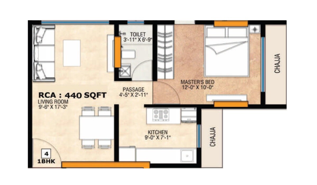 Floor plan of 1 BHK 440 Sq. Ft. Apartment in Ardhya Aura, Mumbai