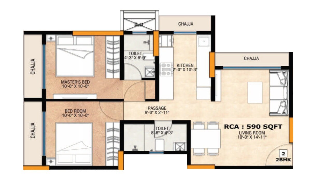 Floor plan of 2 BHK 590 Sq. Ft. Apartment in Ardhya Aura, Mumbai