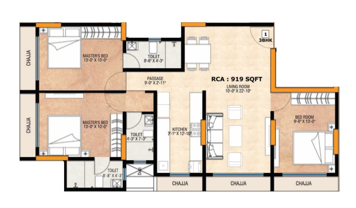 Floor plan of 3 BHK 919 Sq. Ft. Apartment in Ardhya Aura, Mumbai