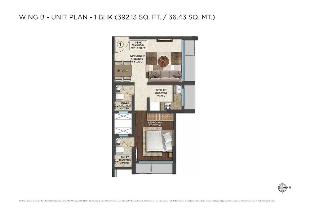 Floor plan of 1 BHK 392 Sq. Ft. Apartment in Arena Splendor, Mumbai