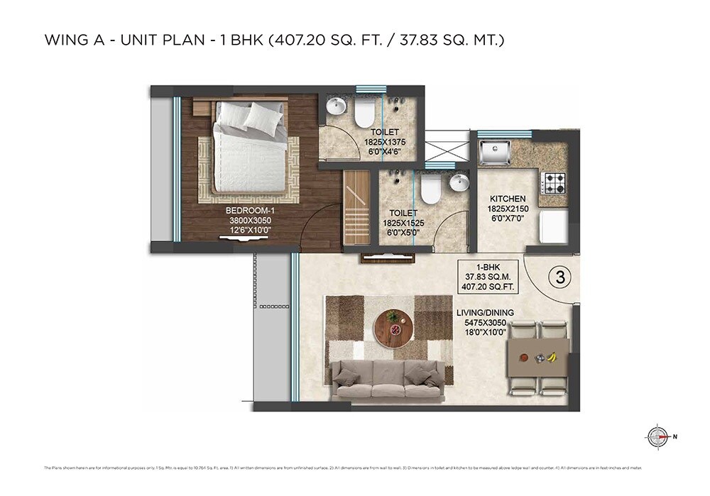 Floor plan of 1 BHK 407 Sq. Ft. Apartment in Arena Splendor, Mumbai