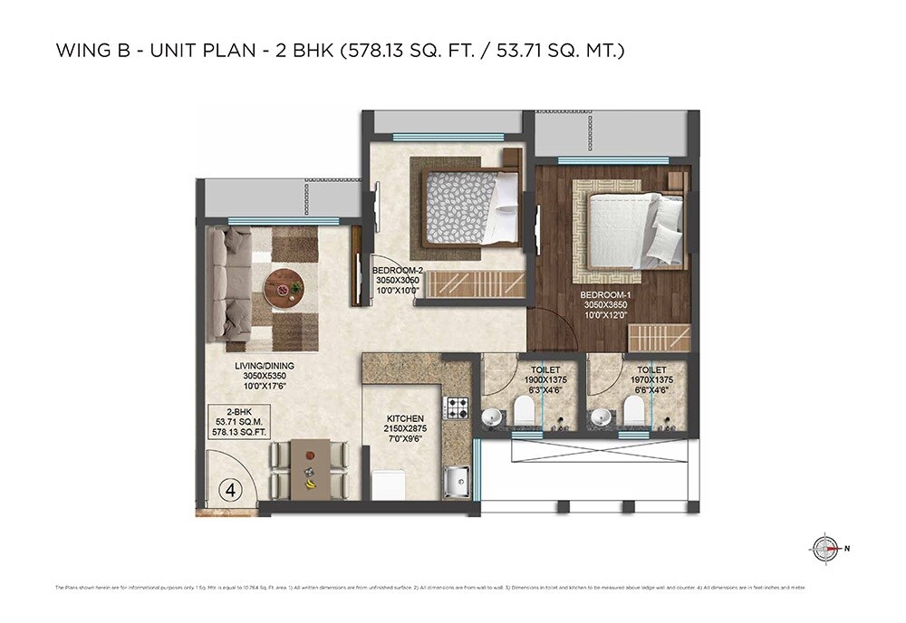Floor plan of 2 BHK 578 Sq. Ft. Apartment in Arena Splendor, Mumbai