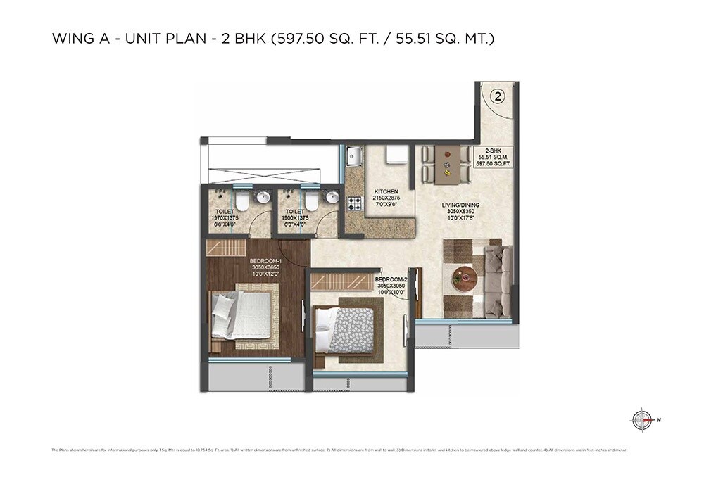 Floor plan of 2 BHK 598 Sq. Ft. Apartment in Arena Splendor, Mumbai