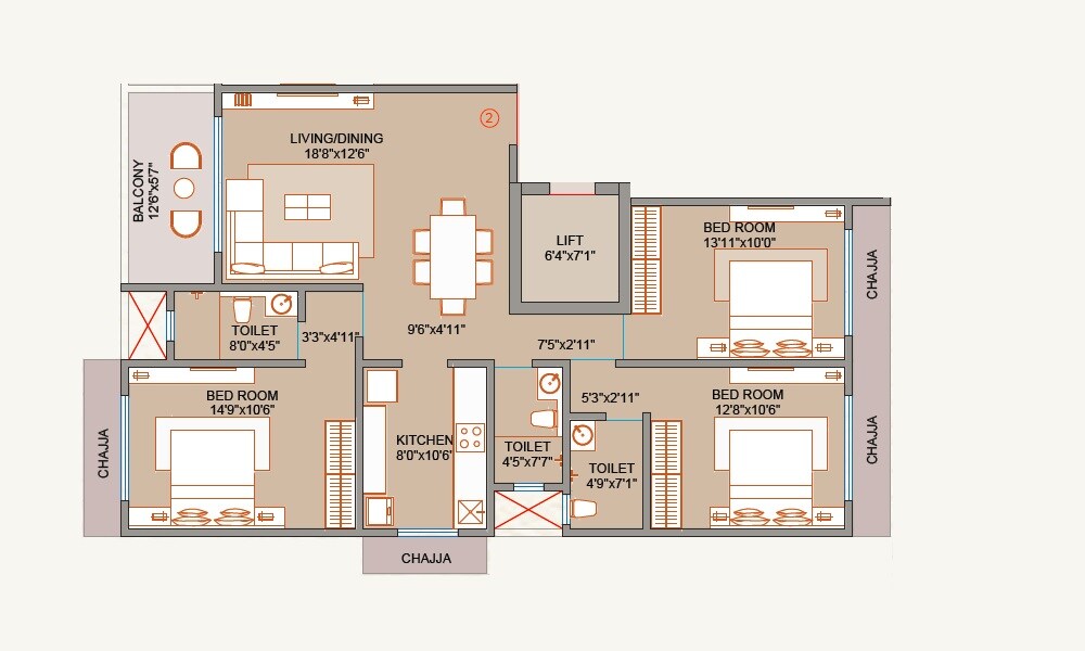 Floor plan of 3 BHK 1030 Sq. Ft. Apartment in Arham Meera Kunj, Mumbai