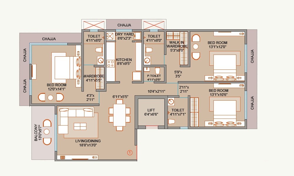 Floor plan of 3 BHK 1271 Sq. Ft. Apartment in Arham Meera Kunj, Mumbai