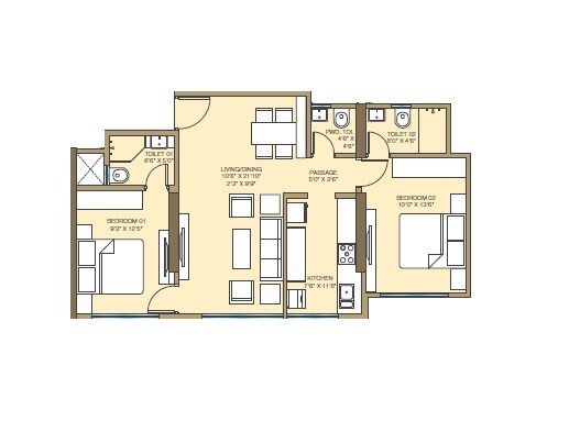 Floor plan of 2 BHK 705 Sq. Ft. Apartment in Aricia Vikas Ornate, Mumbai