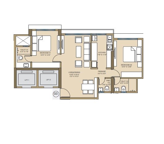 Floor plan of 2 BHK 775 Sq. Ft. Apartment in Aricia Vikas Ornate, Mumbai