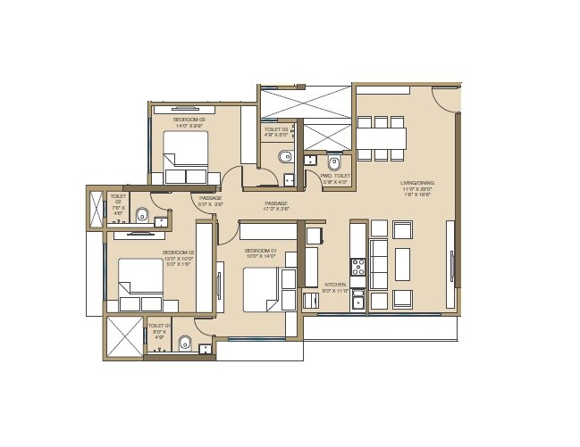Floor plan of 3 BHK 1125 Sq. Ft. Apartment in Aricia Vikas Ornate, Mumbai