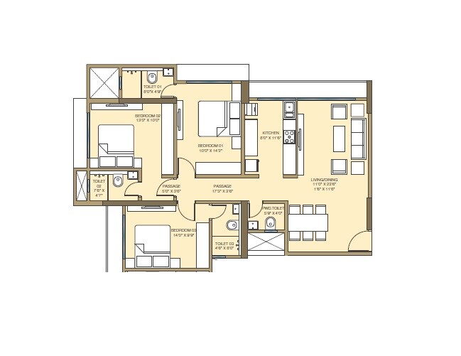 Floor plan of 3 BHK 975 Sq. Ft. Apartment in Aricia Vikas Ornate, Mumbai