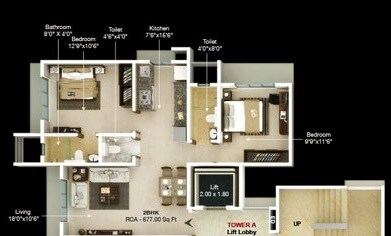 Floor plan of 2 BHK 677 Sq. Ft. Apartment in Ariha Signature, Mumbai