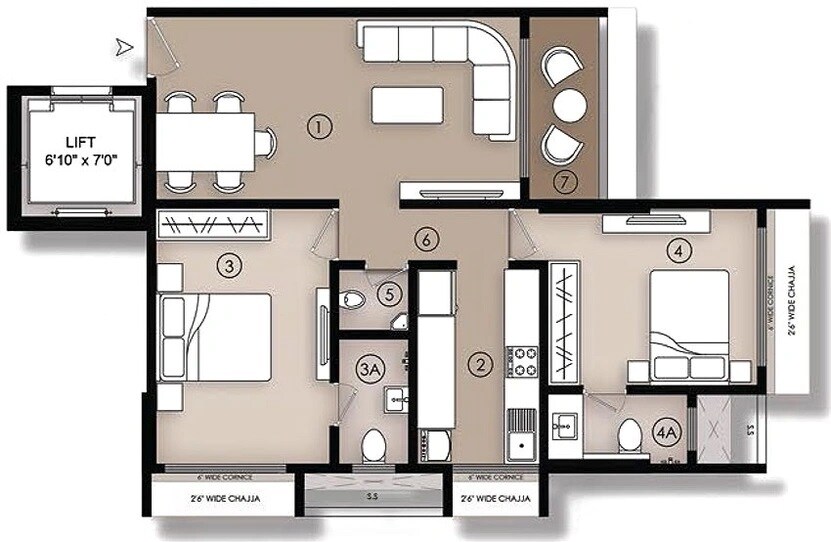 Floor plan of 2 BHK 755 Sq. Ft. Apartment in Ariha Vincere, Mumbai