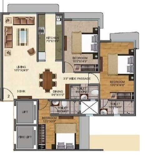 Floor plan of 3 BHK 1028 Sq. Ft. Apartment in Arihant Anand Tower, Mumbai