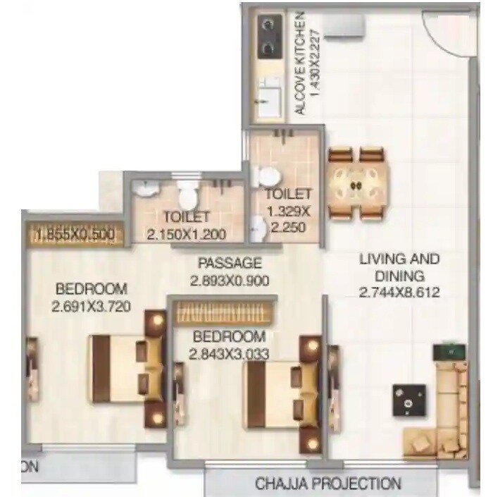 2 BHK 670 Sq. Ft. Apartment