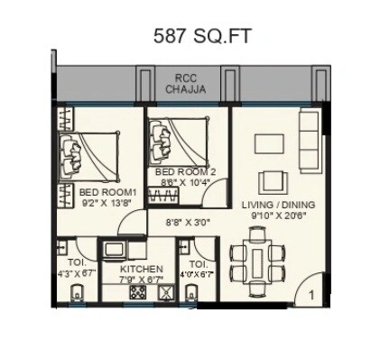 Floor plan of 2 BHK 587 Sq. Ft. Apartment in Arihant Neminath Sky, Mumbai