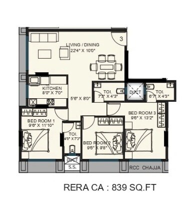 Floor plan of 3 BHK 839 Sq. Ft. Apartment in Arihant Neminath Sky, Mumbai