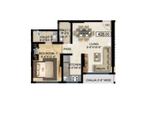 Floor plan of 1 BHK 428 Sq. Ft. Apartment in Arihant Residency Sion, Mumbai