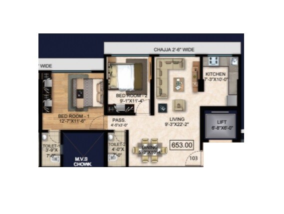 Floor plan of 2 BHK 653 Sq. Ft. Apartment in Arihant Residency Sion, Mumbai