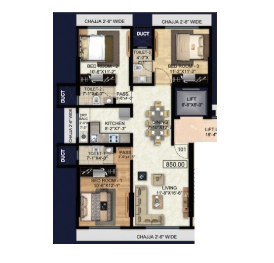 3 BHK 850 Sq. Ft. Apartment