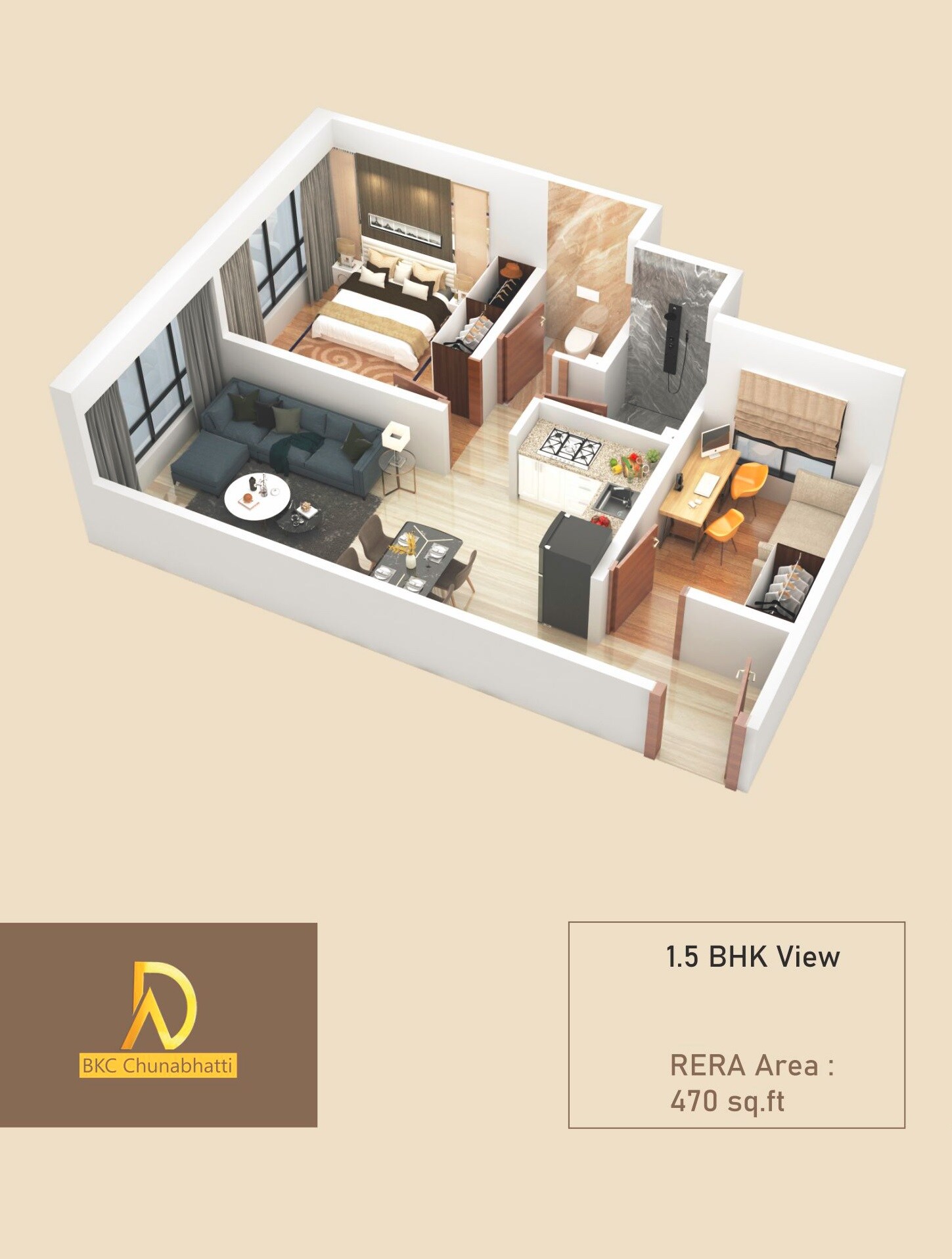 Floor plan of 1 BHK 470 Sq. Ft. Apartment in Arihant Shankheshwar Heights, Mumbai