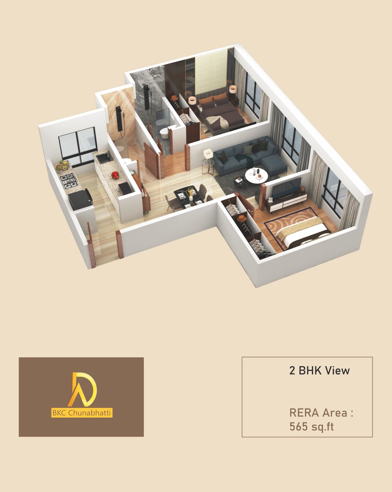 Floor plan of 2 BHK 565 Sq. Ft. Apartment in Arihant Shankheshwar Heights, Mumbai